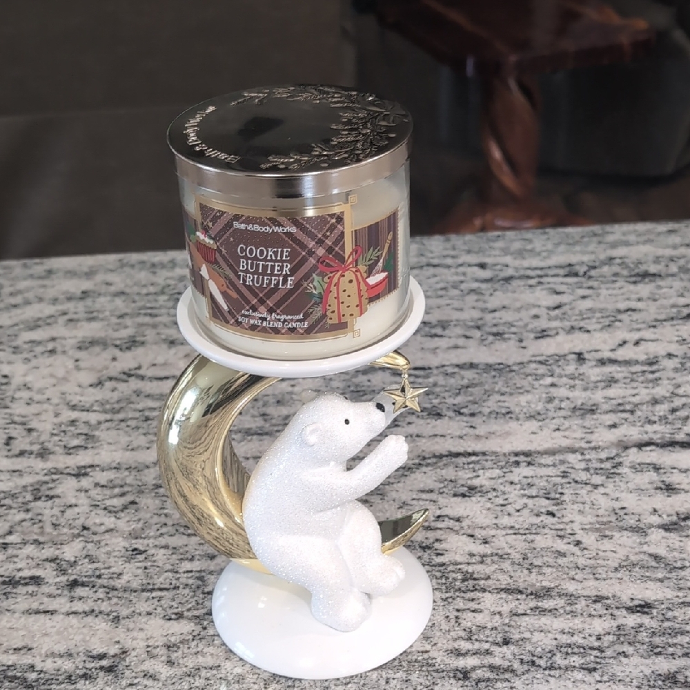 Bath & Body Works Gold and White Polar Bear Candle Holder